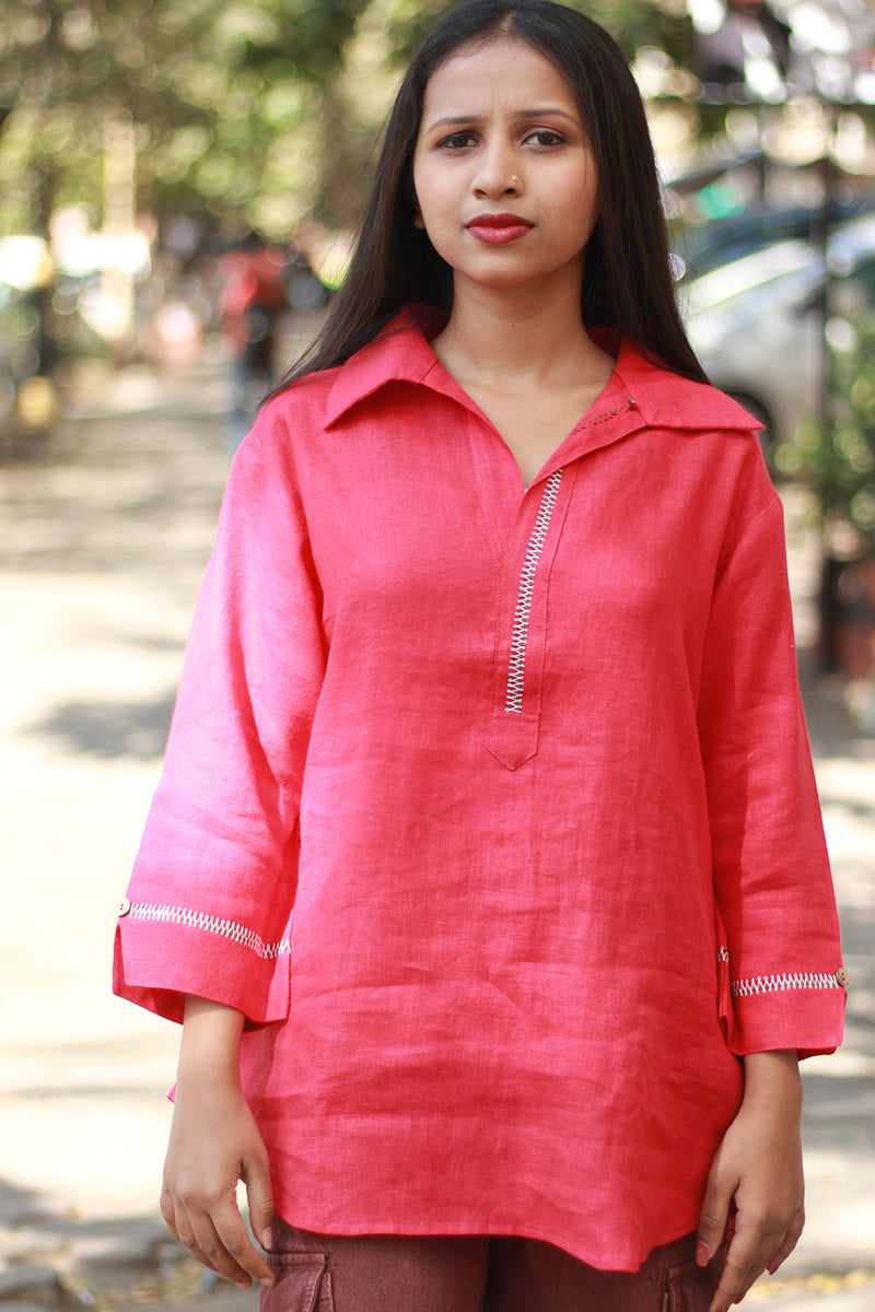 Gor Banjara | Short Linen Tunic | Embroidered | Crimson