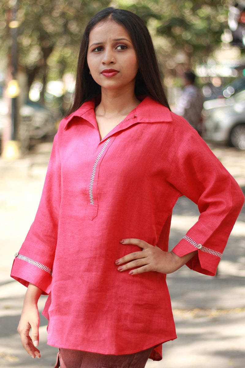 Gor Banjara | Short Linen Tunic | Embroidered | Crimson