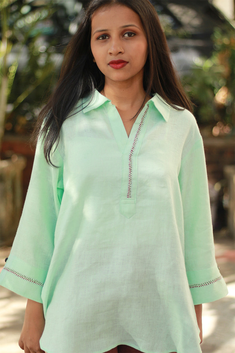 Gor Banjara | Short Linen Tunic | Embroidered | Mist