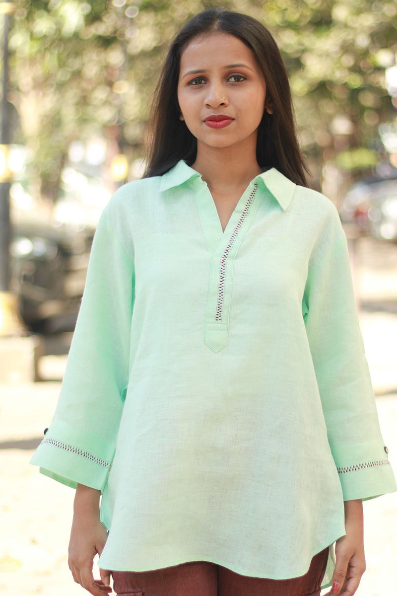 Gor Banjara | Short Linen Tunic | Embroidered | Mist