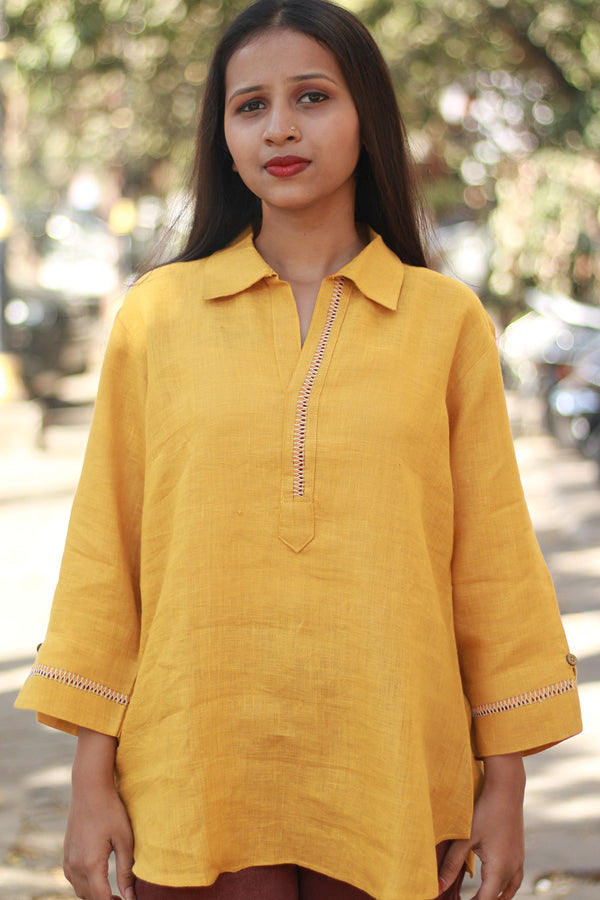 Gor Banjara | Short Linen Tunic | Embroidered | Mustard