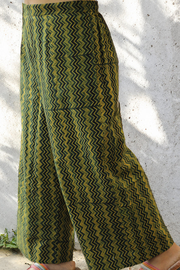 Rasika | Wide Leg Pants | Green Ajrakh Chevron