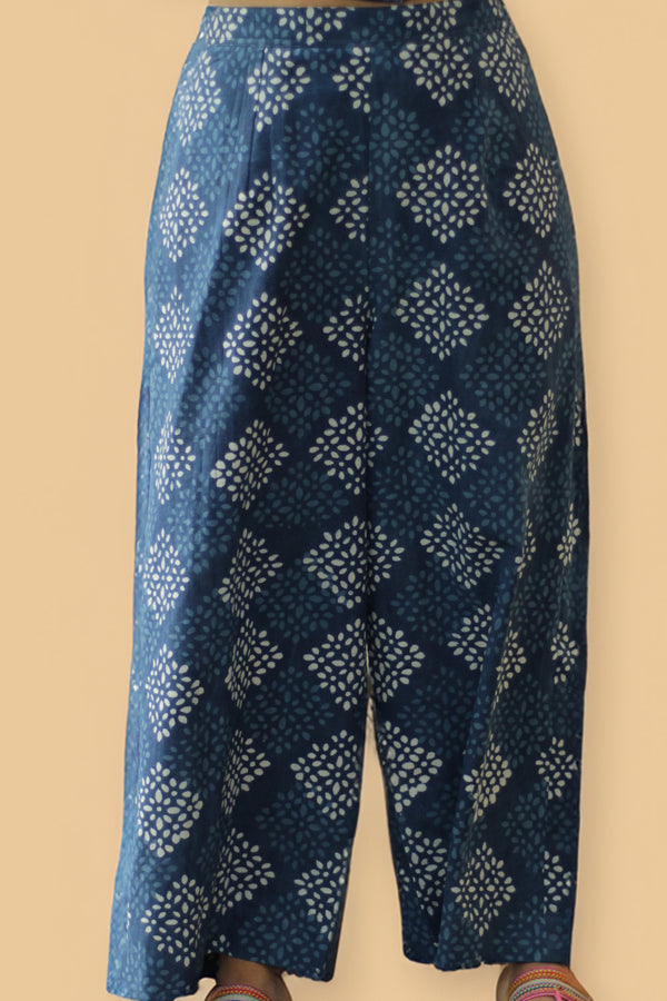 Samartha | Wide Leg Pants | Indigo Floral Squares