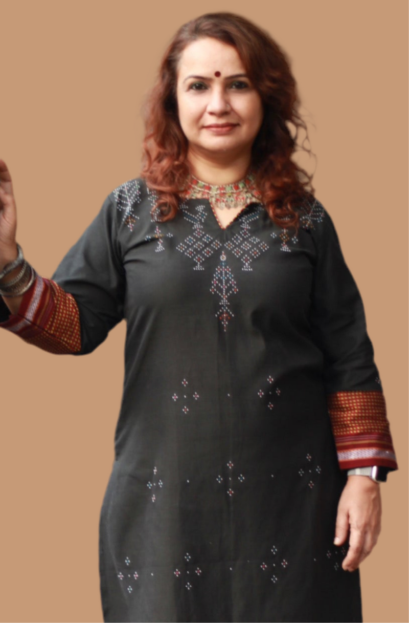 Daana | Tangaliya Kurta | Moss Brown with Mutlicolour Khunn