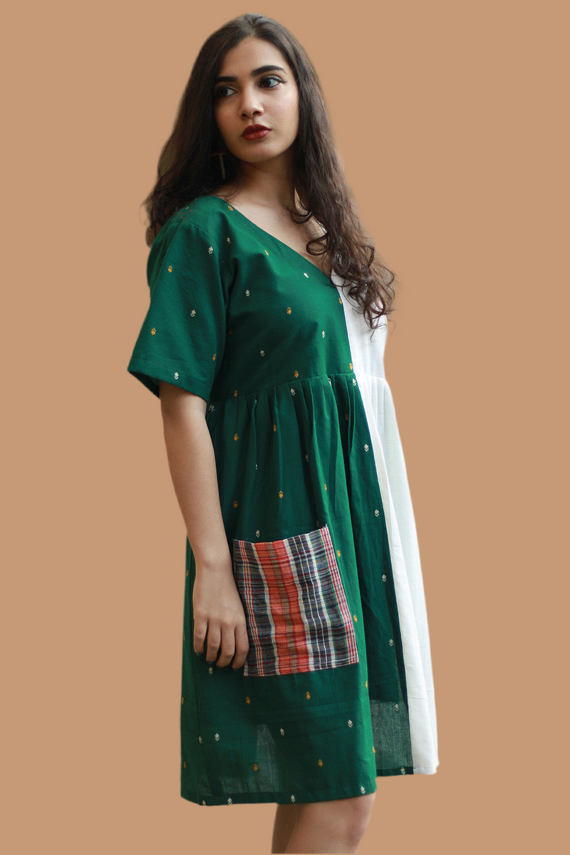 Fir Frost | Short Dress | Handloom Cotton & Gamcha