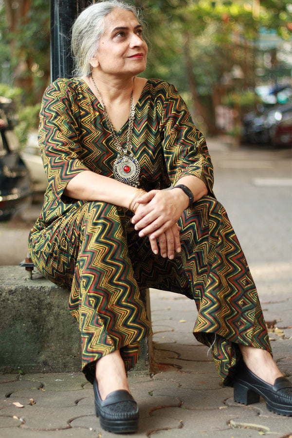 Anurima | Angarkha Style Jumpsuit | Chevron Ajrakh Green