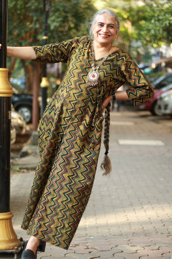 Anurima | Angarkha Style Jumpsuit | Chevron Ajrakh Green