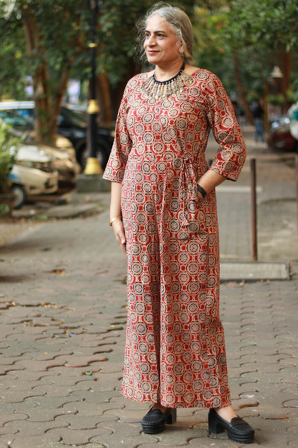 Anurima | Angarkha Style Jumpsuit | Floral Ajrakh Madder