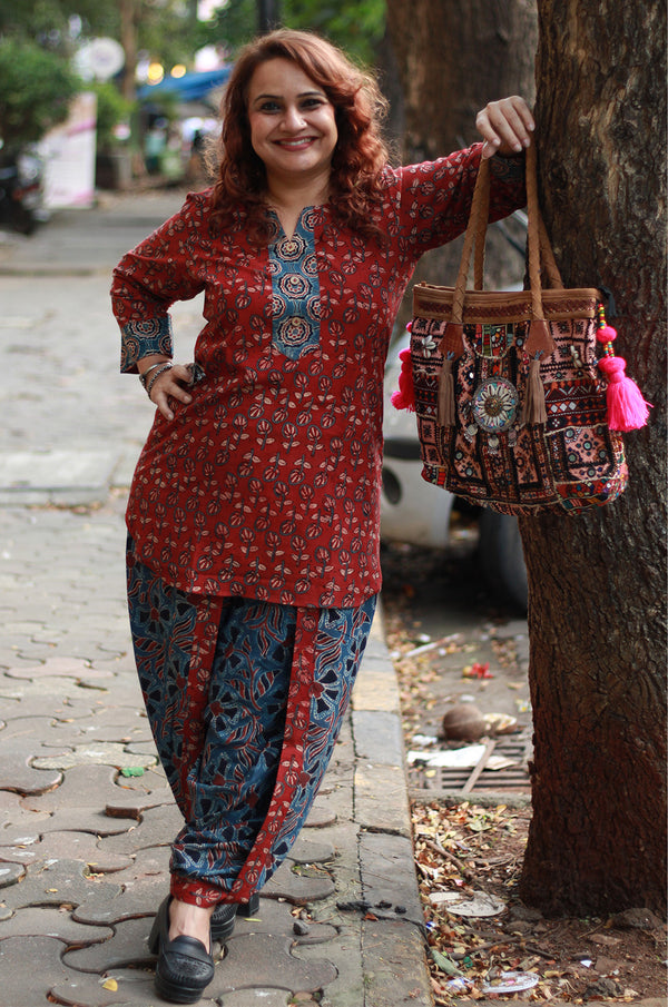 Shubhra | Dhoti Kurta Co-Ord Set | Kali Ajrakh | Madder Red