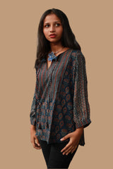 Saanjh | Cotton Top with Mul Sleeves | Indigo Prakriti Ajrakh