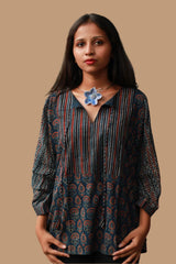 Saanjh | Cotton Top with Mul Sleeves | Indigo Prakriti Ajrakh