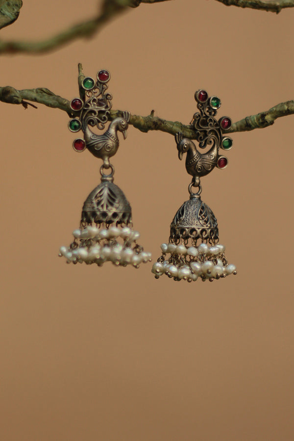 Silver Earrings | Peacock Jhumka with Pearls