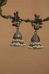 Silver Earrings | Peacock Jhumka with Pearls