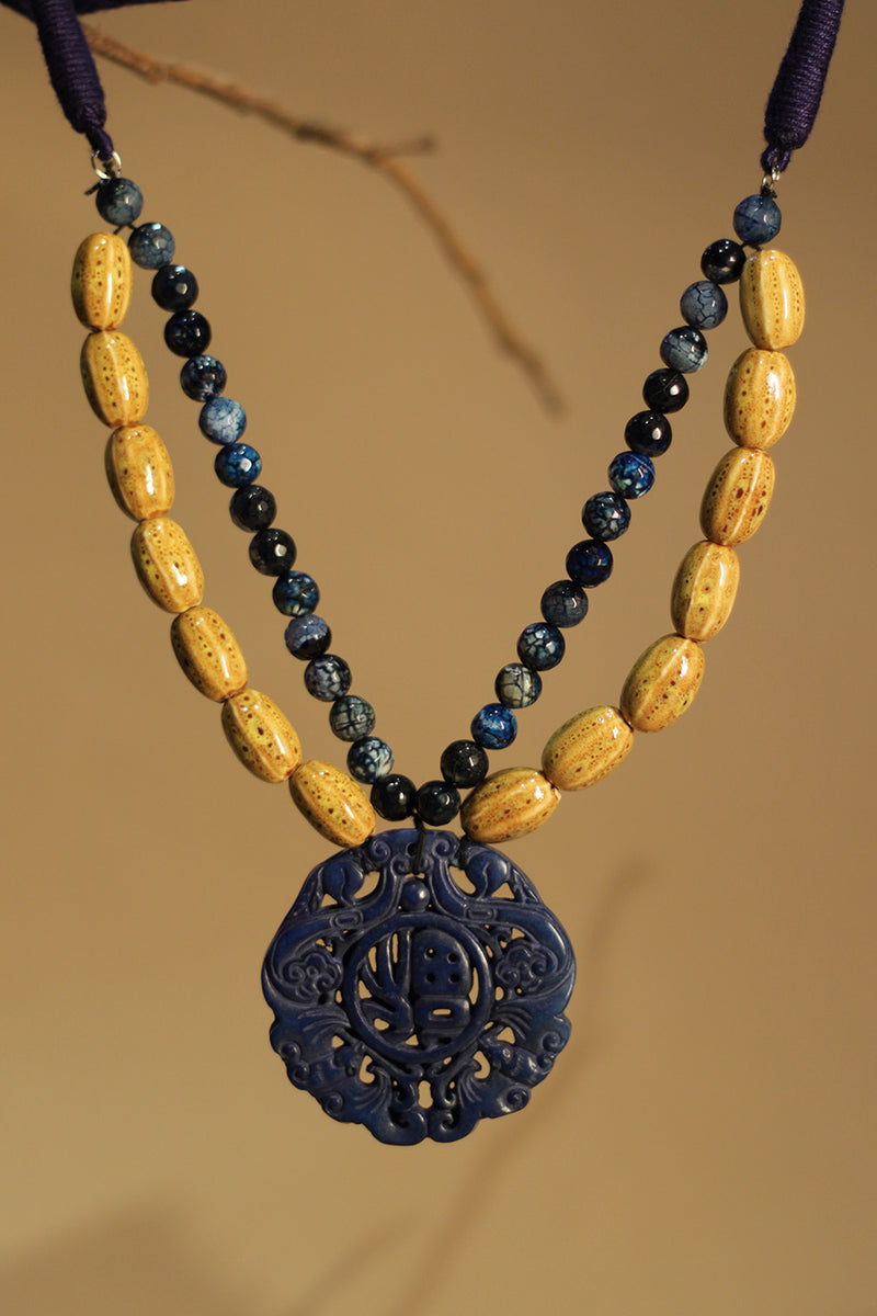 Shruti | Beaded Necklace | Agates with Carved Stone Pendant