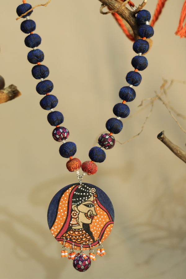 Rangili | Chindi beads necklace | Blue Handpainted Pendant