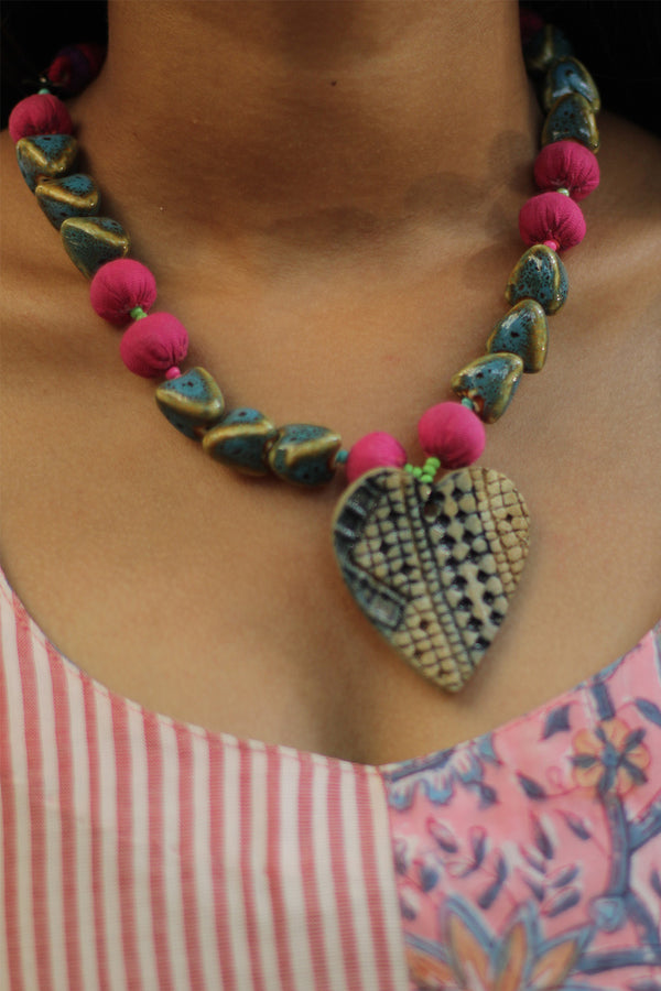 Necklace | Ceramic & Chindi beads | Heart pendant