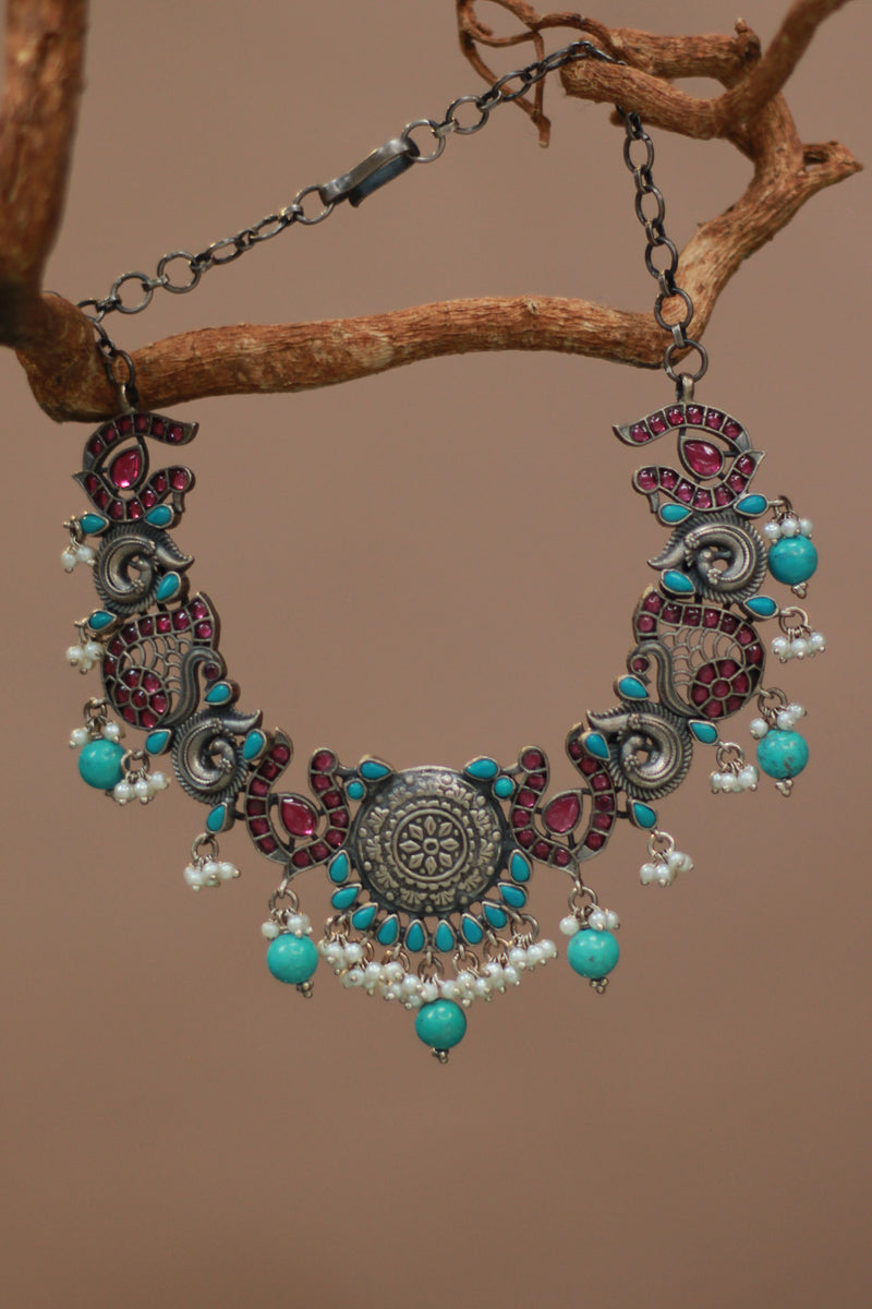 Mani Pankhi | Silver Necklace | Turquoise & Kundan