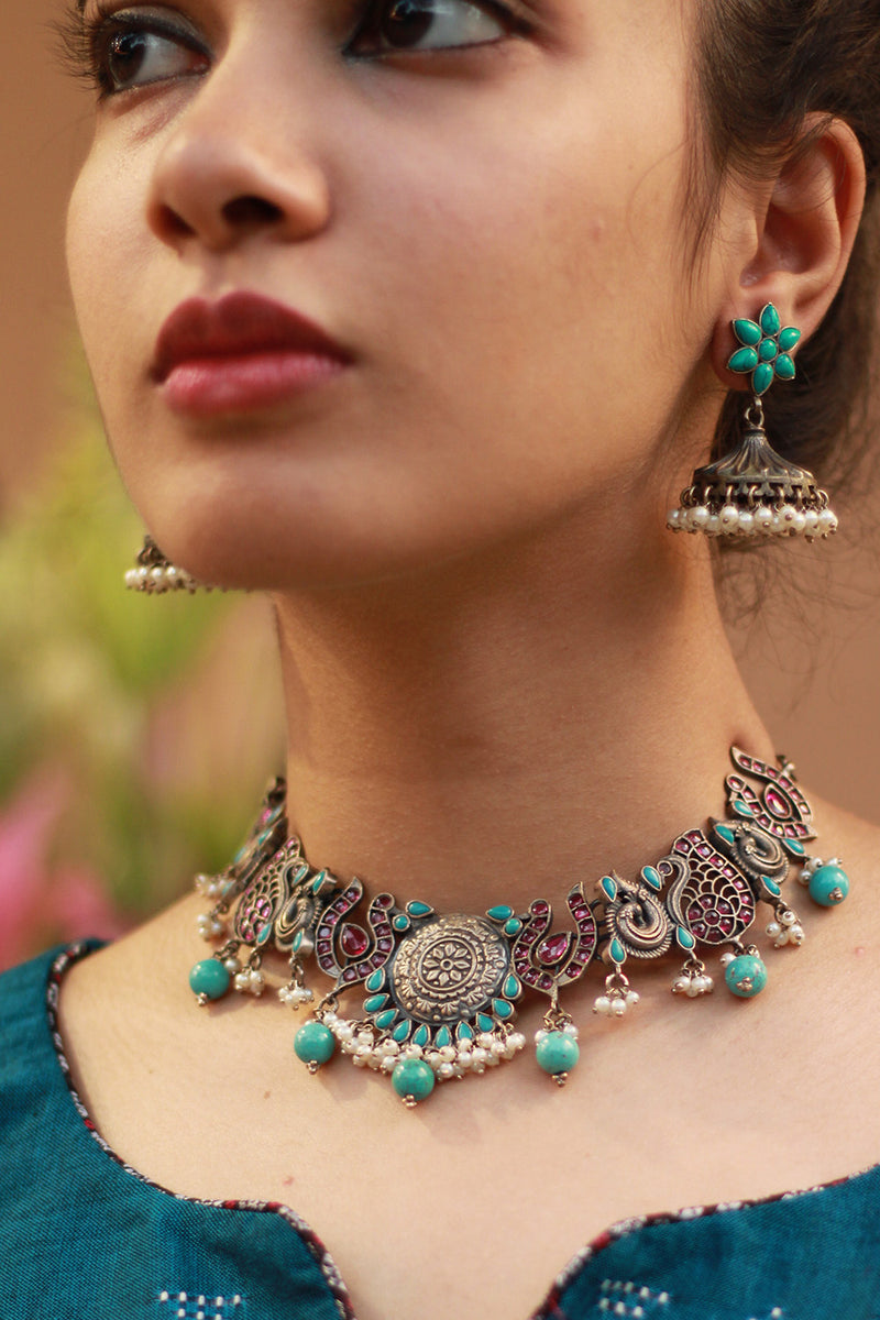 Mani Pankhi | Silver Necklace | Turquoise & Kundan