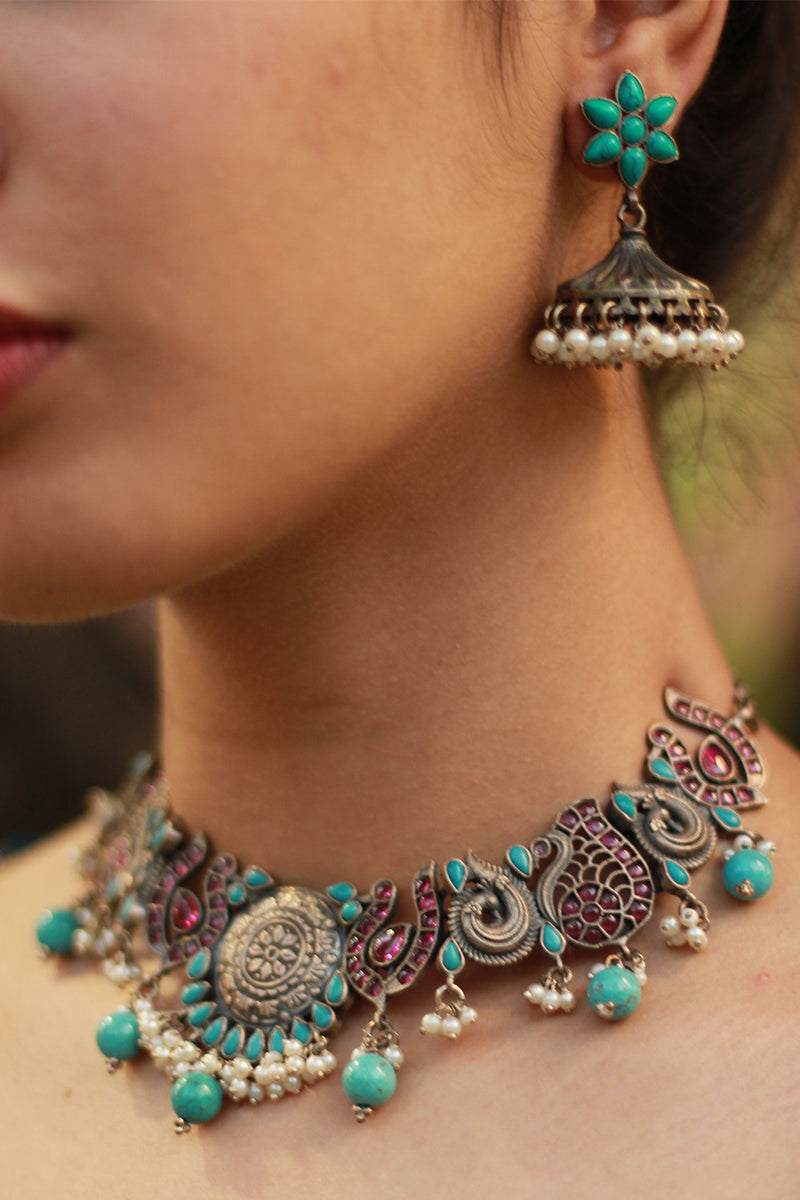 Mani Pankhi | Silver Necklace | Turquoise & Kundan