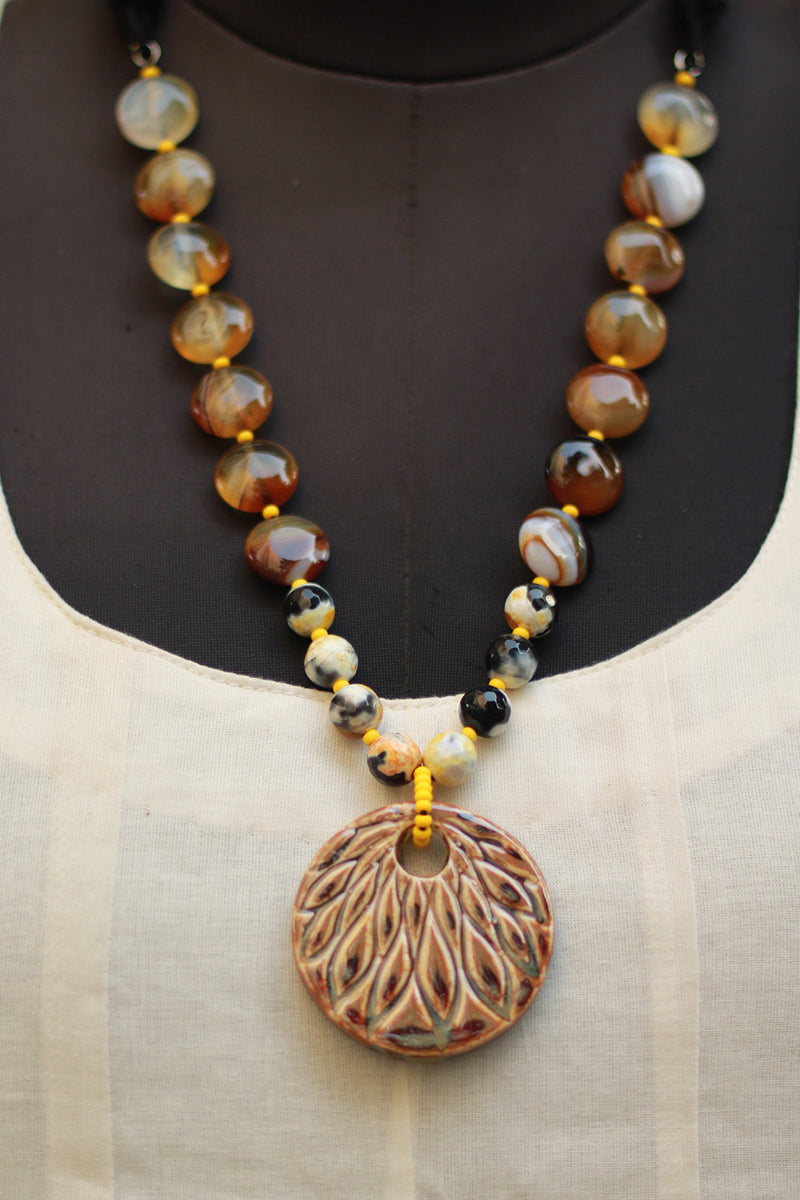 Necklace | Agate Beads with Ceramic Pendant Ochre