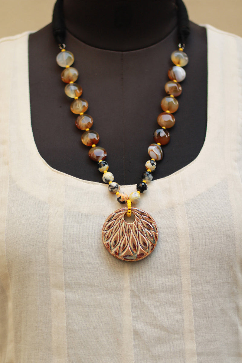 Necklace | Agate Beads with Ceramic Pendant Ochre