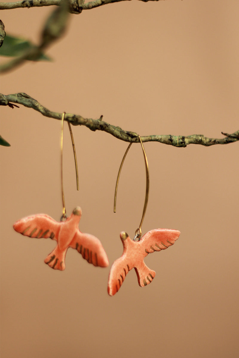 Sadhvi |Ceramic Bird Earrings | Orange