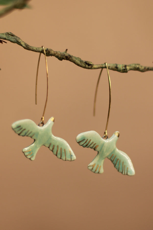 Sadhvi |Ceramic Bird Earrings | Sea Green