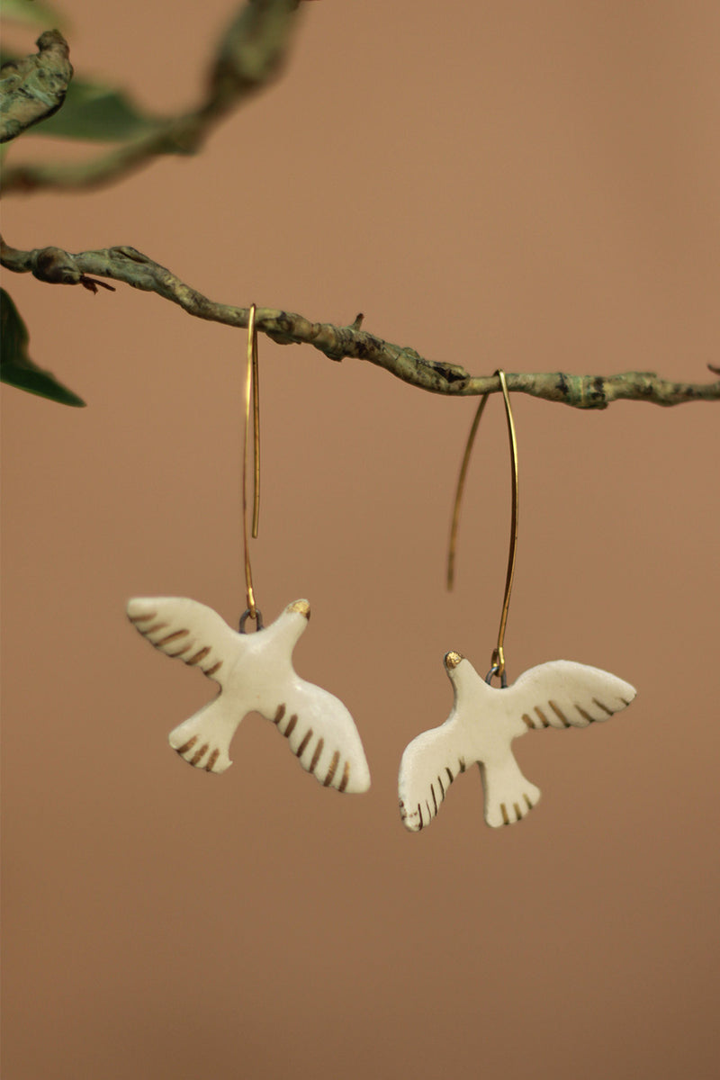 Sadhvi |Ceramic Bird Earrings | White