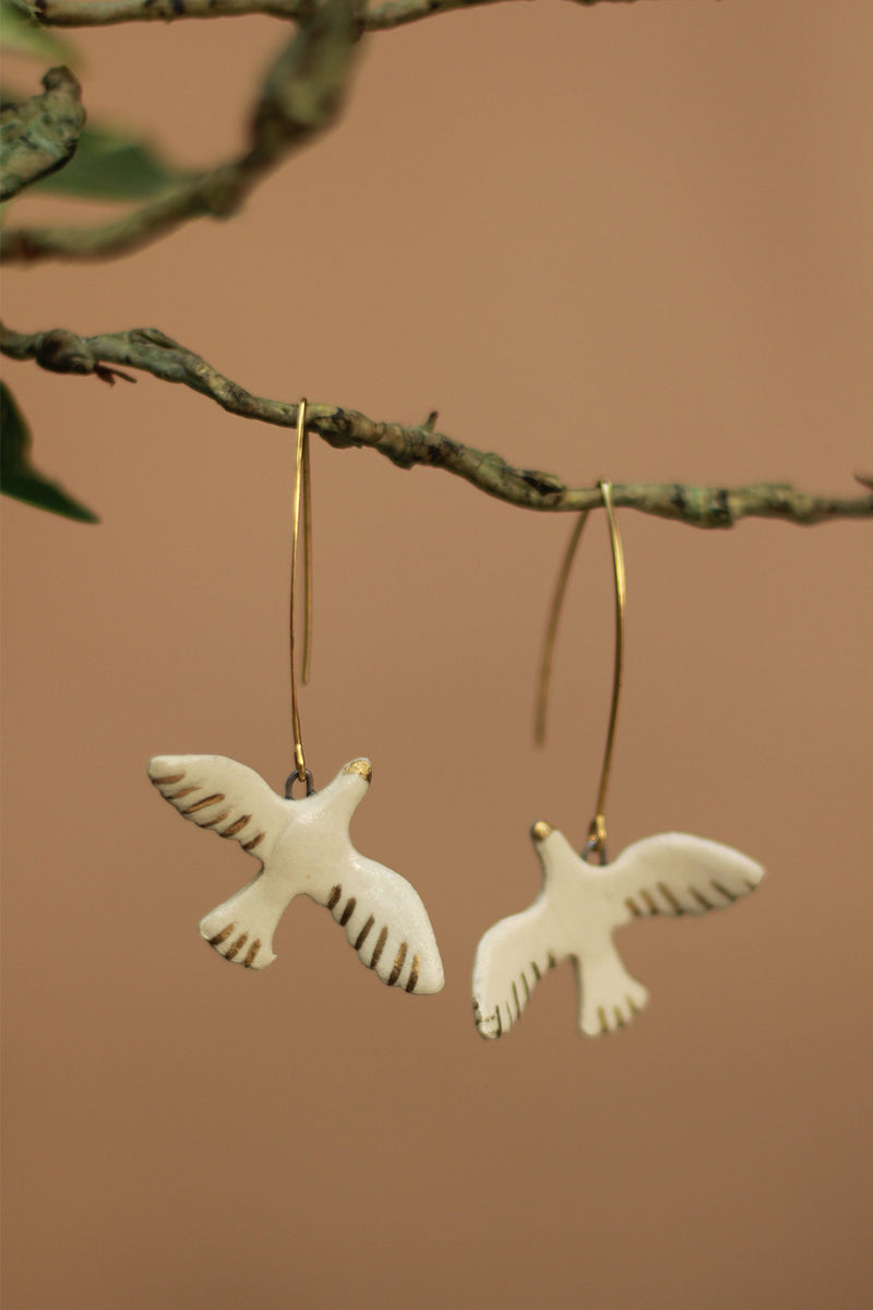 Sadhvi |Ceramic Bird Earrings | White