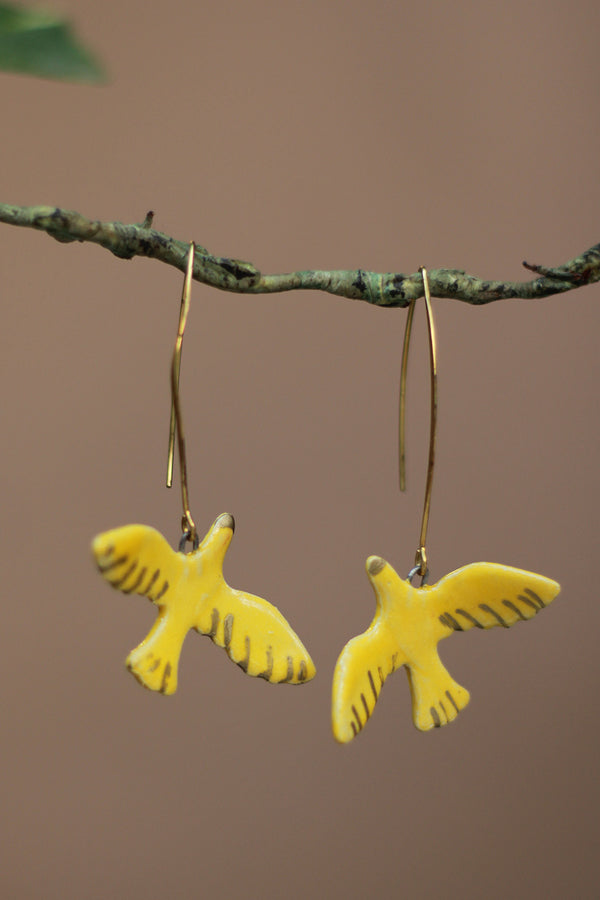 Sadhvi |Ceramic Bird Earrings | Yellow