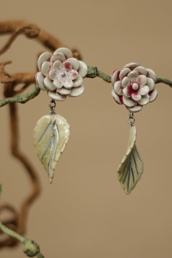 Sadhvi | Ceramic Earrings | Off white Flower & Green Leaf