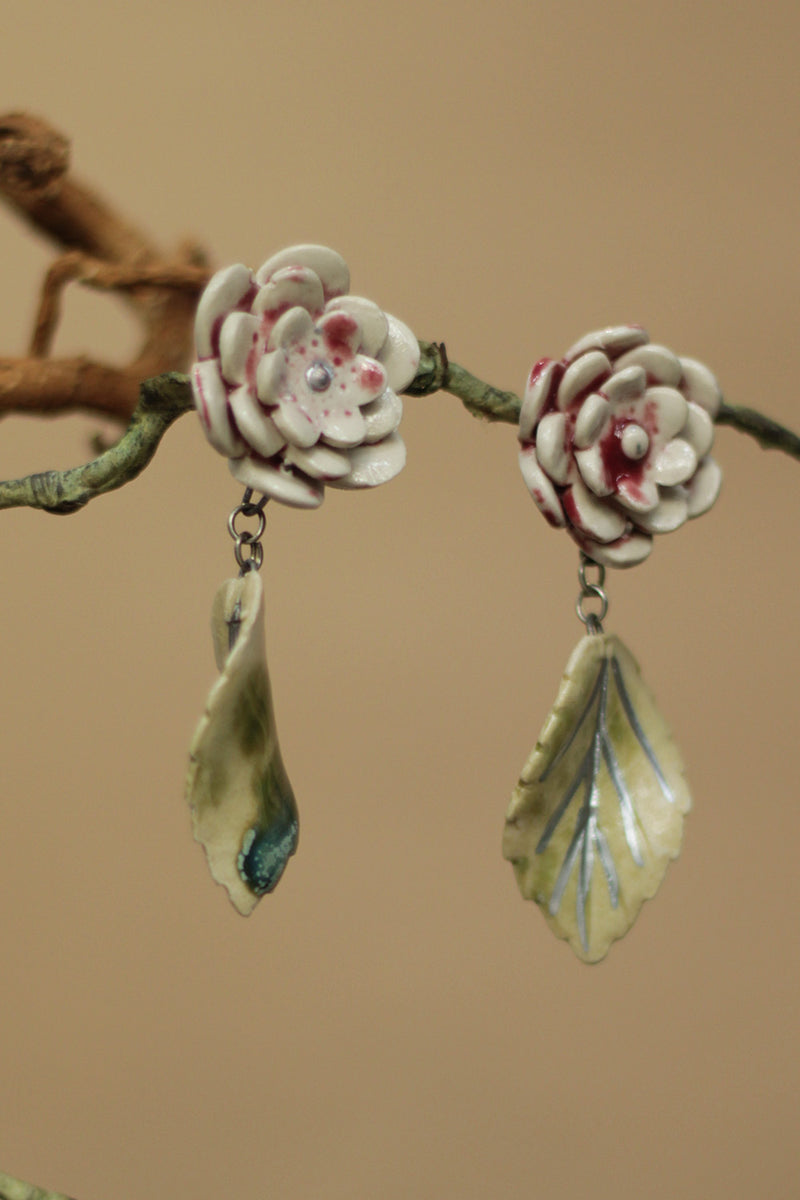 Sadhvi | Ceramic Earrings | Off white Flower & Green Leaf