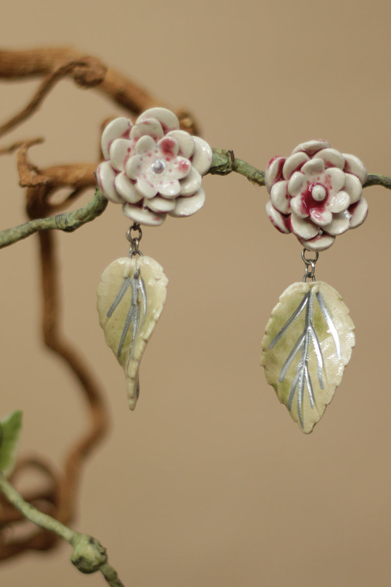 Sadhvi | Ceramic Earrings | Off white Flower & Green Leaf