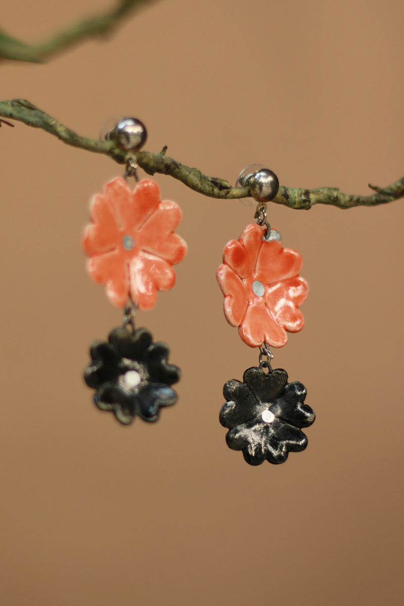 Sadhvi | Ceramic Double Flower Earrings | Orange & Noir