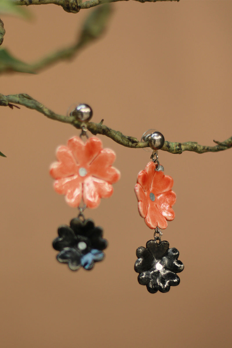 Sadhvi | Ceramic Double Flower Earrings | Orange & Noir