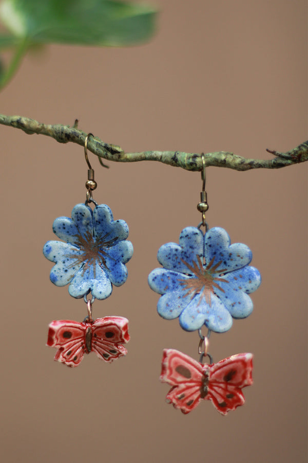 Sadhvi | Flower & Butterfly Earrings| Blue & Red