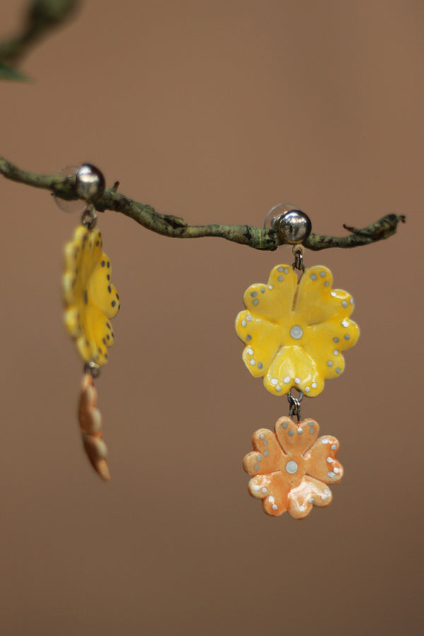 Sadhvi | Ceramic Double Flower Earrings | Yellow & Pale Orange