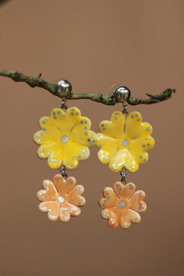 Sadhvi | Ceramic Double Flower Earrings | Yellow & Pale Orange