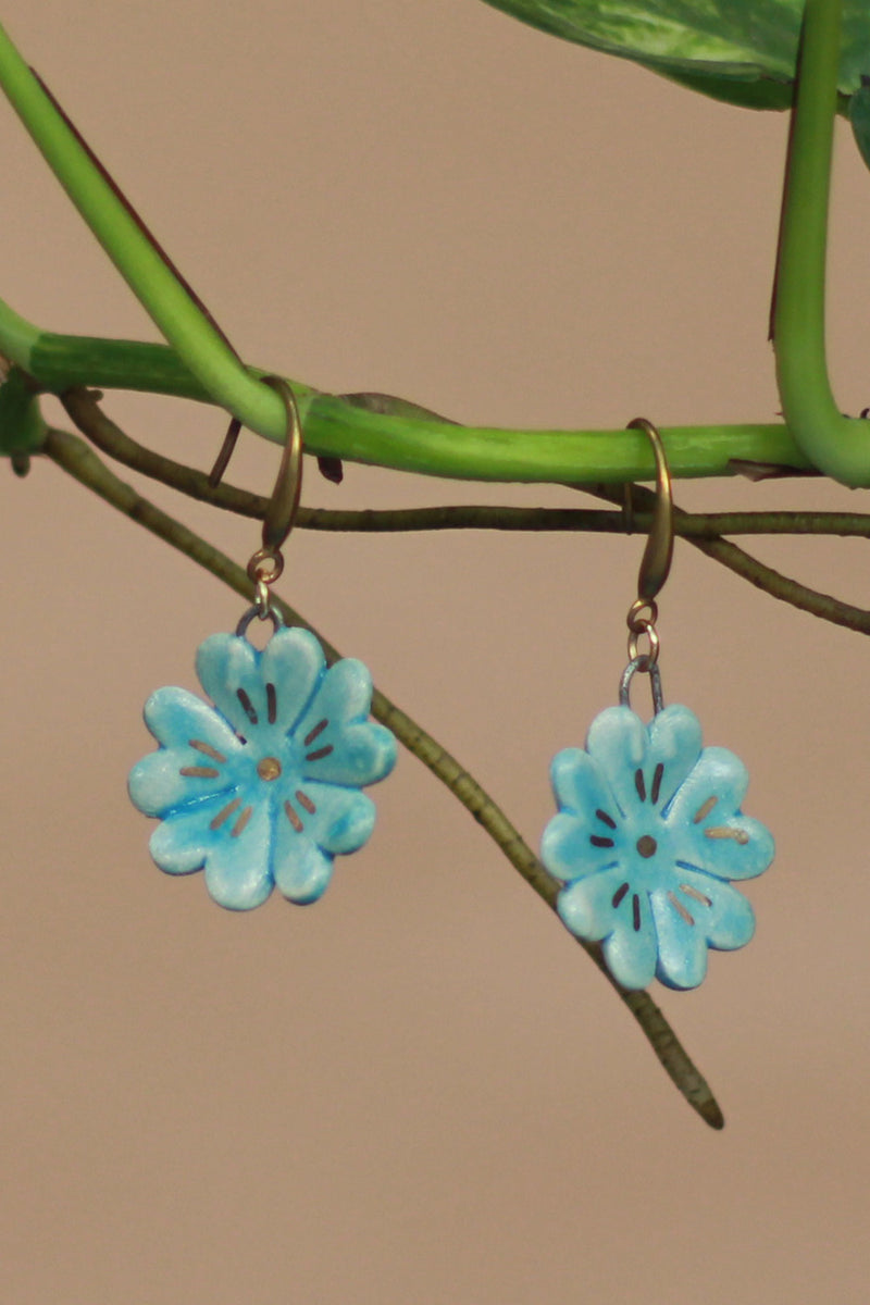 Sadhvi | Ceramic Flower Earrings | Azure Blue with Gold lines