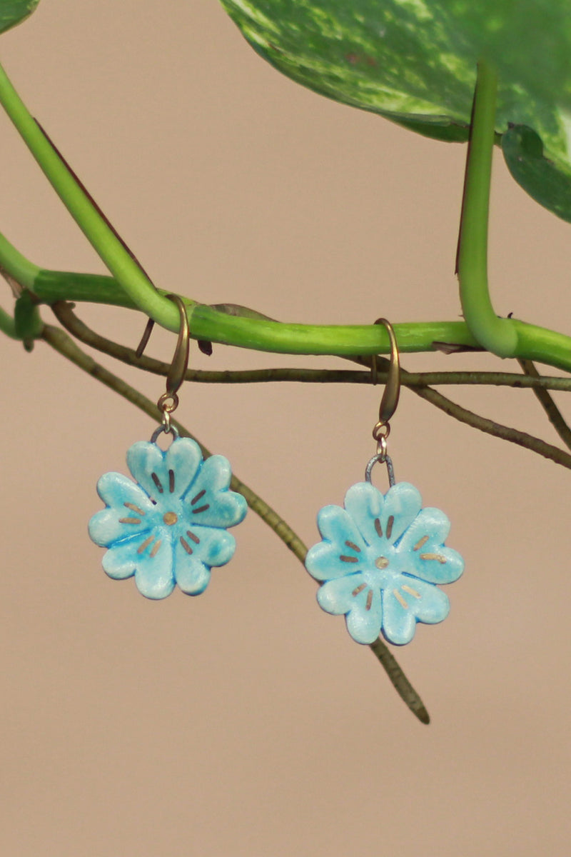 Sadhvi | Ceramic Flower Earrings | Azure Blue with Gold lines