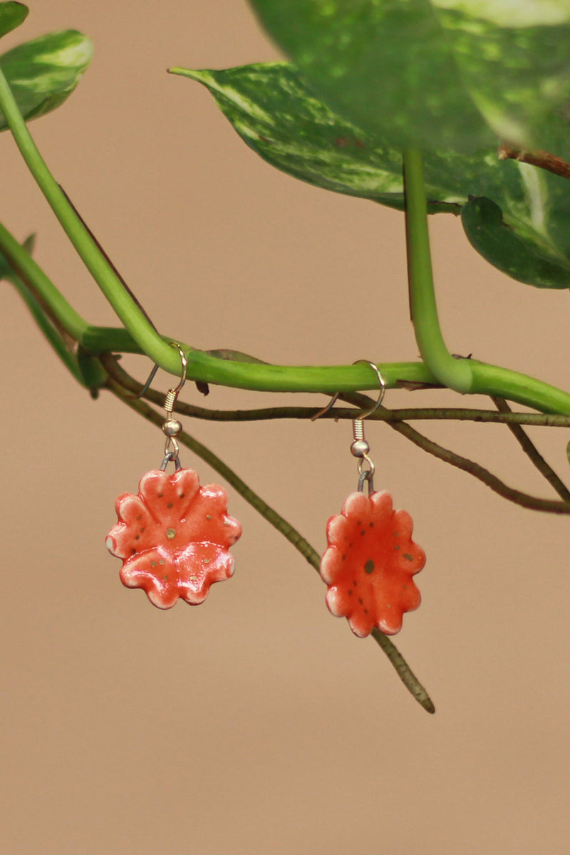 Sadhvi | Ceramic Flower Earrings | Dark Orange tinged with gold