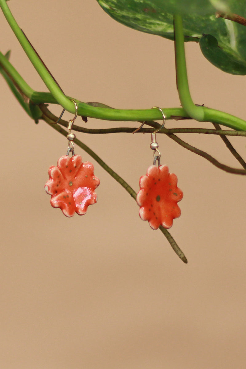 Sadhvi | Ceramic Flower Earrings | Dark Orange tinged with gold