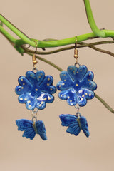 Sadhvi | Ceramic Flower Butterfly Earrings | Indigo Blue