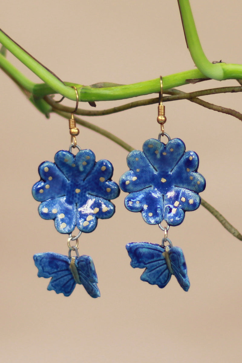 Sadhvi | Ceramic Flower Butterfly Earrings | Indigo Blue