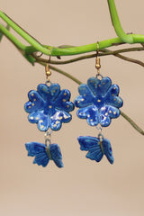 Sadhvi | Ceramic Flower Butterfly Earrings | Indigo Blue