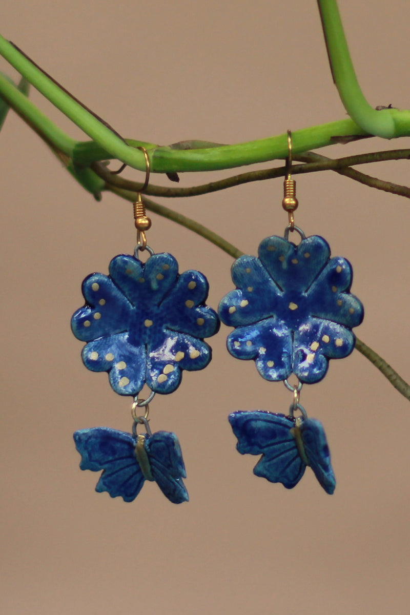 Sadhvi | Ceramic Flower Butterfly Earrings | Indigo Blue