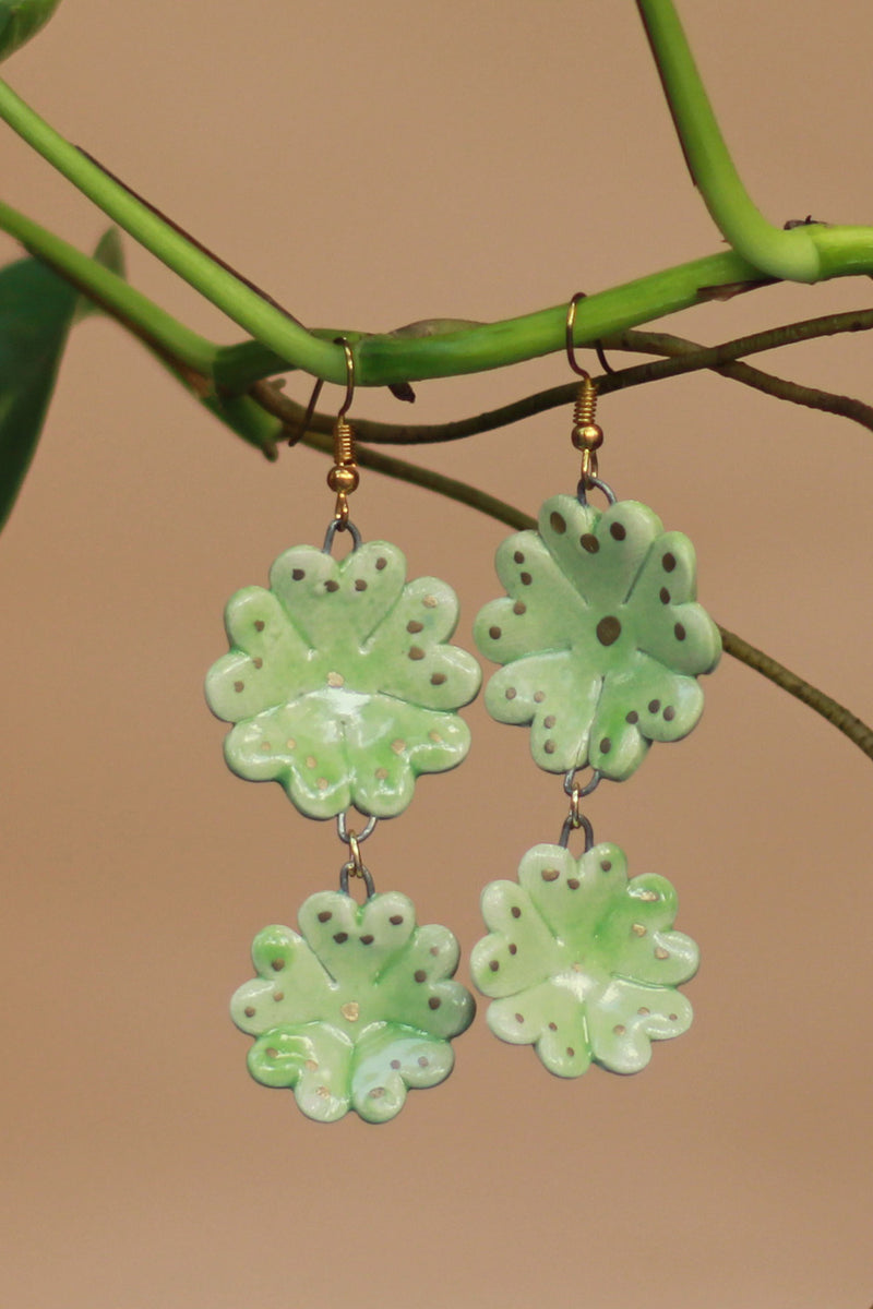 Sadhvi | Ceramic Double Flower Earrings| Pale Green