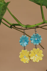 Sadhvi | Ceramic Double Flower Earrings | Blue & Yellow