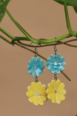 Sadhvi | Ceramic Double Flower Earrings | Blue & Yellow