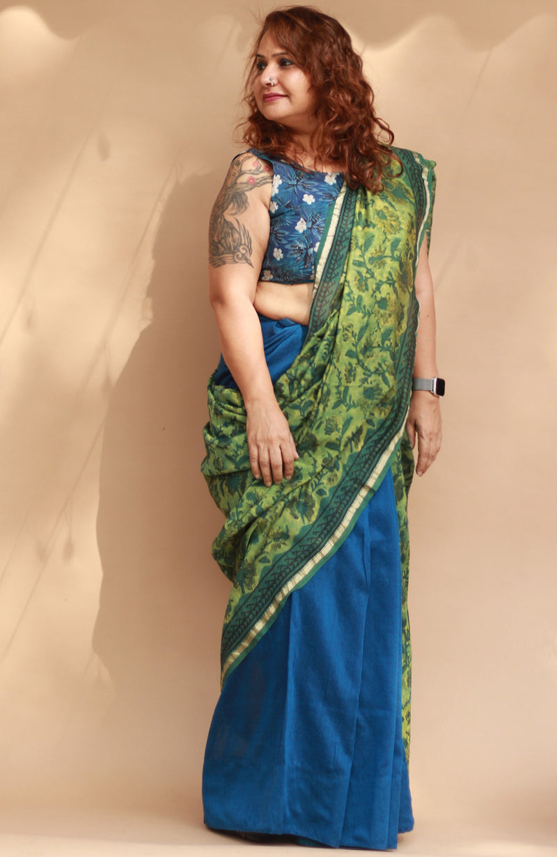 Rangg | Patli Pallu Saree | Chanderi & Mul | Green - Blue